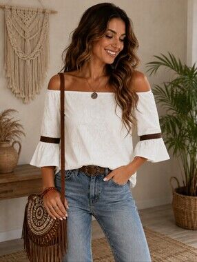 Vava By Joy Han Off Shoulder Woman Shirt, With Bell Sleeves, Size M, Cream Color